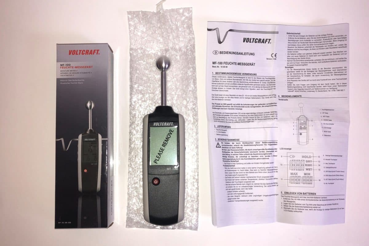 Das VOLTCRAFT MF-100 mit Verpackung, Anleitung und drei AAA-Batterien im Test Das VOLTCRAFT MF-100 mit Verpackung, Anleitung und drei AAA-Batterien im Test